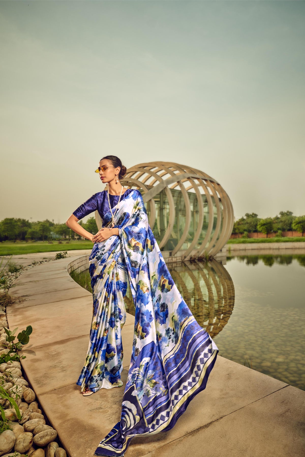 Digital Printed Satin Saree with Unstiched Blouse