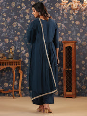 Silk Blend Embroidered Alia-Cut Kurta, Pant, and Net Dupatta Set