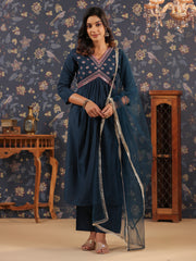 Silk Blend Embroidered Alia-Cut Kurta, Pant, and Net Dupatta Set