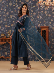 Silk Blend Embroidered Alia-Cut Kurta, Pant, and Net Dupatta Set