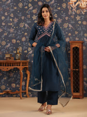 Silk Blend Embroidered Alia-Cut Kurta, Pant, and Net Dupatta Set