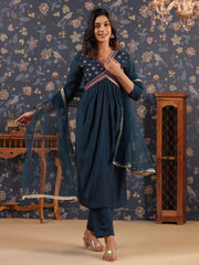 Silk Blend Embroidered Alia-Cut Kurta, Pant, and Net Dupatta Set