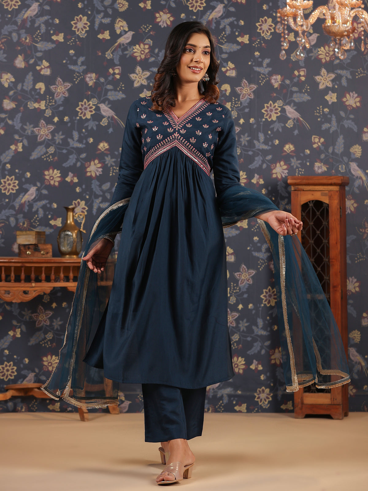 Silk Blend Embroidered Alia-Cut Kurta, Pant, and Net Dupatta Set