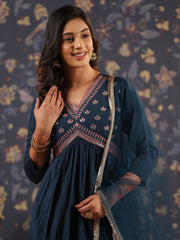 Silk Blend Embroidered Alia-Cut Kurta, Pant, and Net Dupatta Set