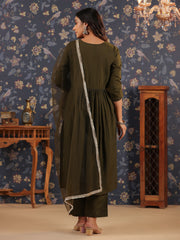 Silk Blend Embroidered Alia-Cut V-Neck Kurta, Pant, and Net Dupatta Set