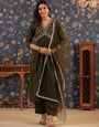 Silk Blend Embroidered Alia-Cut V-Neck Kurta, Pant, and Net Dupatta Set