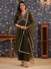 Silk Blend Embroidered Alia-Cut V-Neck Kurta, Pant, and Net Dupatta Set