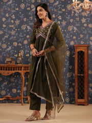 Silk Blend Embroidered Alia-Cut V-Neck Kurta, Pant, and Net Dupatta Set