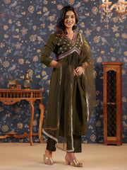 Silk Blend Embroidered Alia-Cut V-Neck Kurta, Pant, and Net Dupatta Set