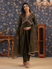 Silk Blend Embroidered Alia-Cut V-Neck Kurta, Pant, and Net Dupatta Set