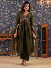 Silk Blend Embroidered Alia-Cut V-Neck Kurta, Pant, and Net Dupatta Set