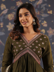 Silk Blend Embroidered Alia-Cut V-Neck Kurta, Pant, and Net Dupatta Set