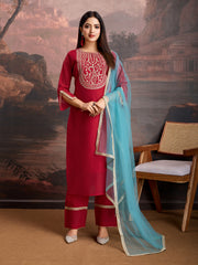 Red Color Chanderi Cotton Silk Kurta Set