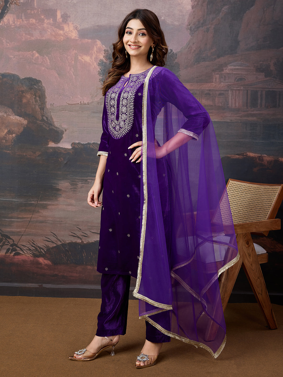 Velvet Embroidered Round Neck Kurta, Pant and Dupatta Set