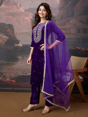 Velvet Embroidered Round Neck Kurta, Pant and Dupatta Set