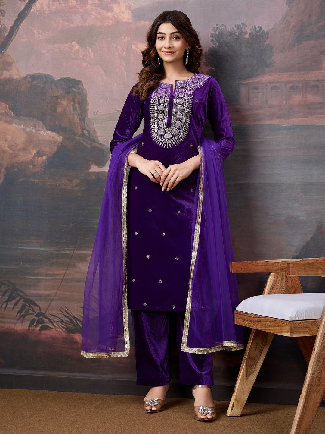 Velvet Embroidered Round Neck Kurta, Pant and Dupatta Set