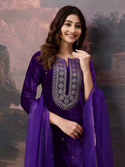 Velvet Embroidered Round Neck Kurta, Pant and Dupatta Set