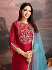 Red Color Chanderi Cotton Silk Kurta Set