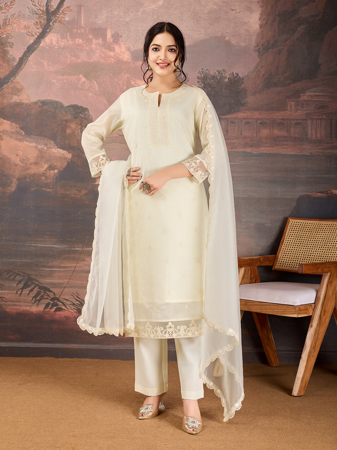 Off-White Color Chanderi Cotton Silk Kurta Set