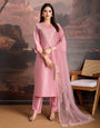 Pink Color Silk Blend Embroidered Kurta Set.