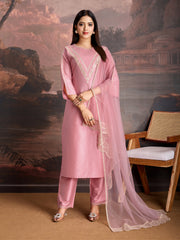 Pink Color Silk Blend Embroidered Kurta Set.