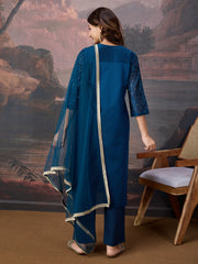 Blue Chanderi Cotton Silk Kurta with Pant & Net Dupatta