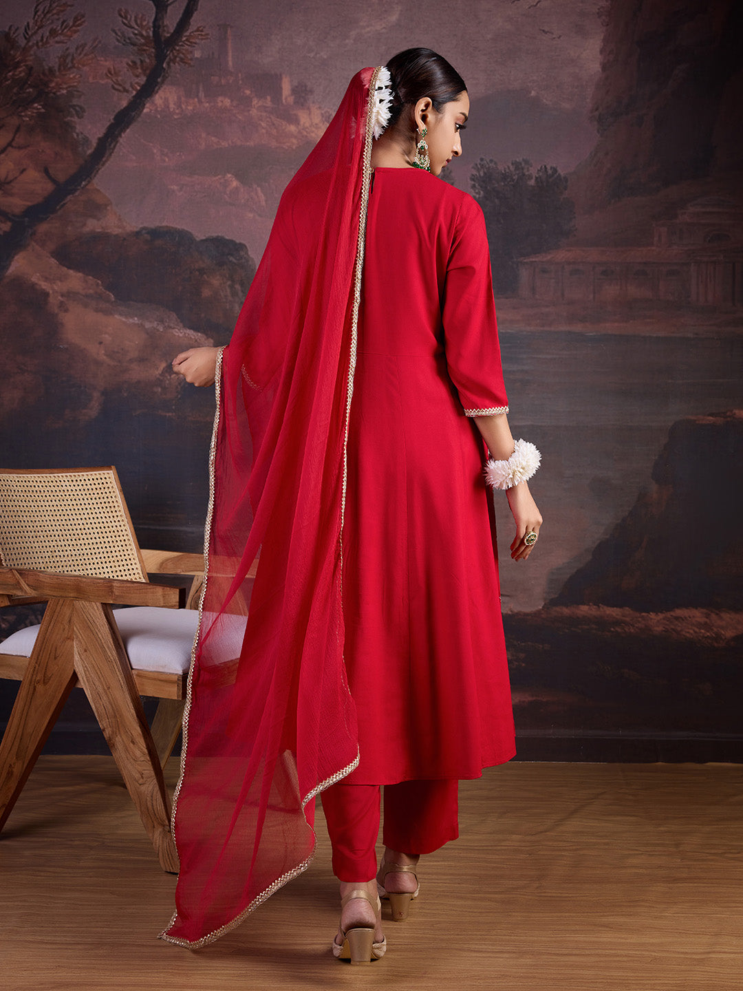 Rayon Embroidered Flared Kurta, Pant, and Chiffon Dupatta Set