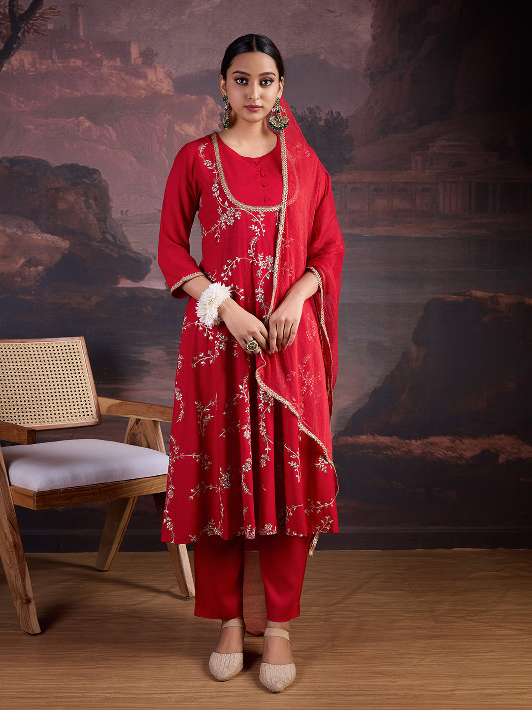 Rayon Embroidered Flared Kurta, Pant, and Chiffon Dupatta Set.