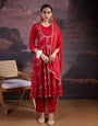 Rayon Embroidered Flared Kurta, Pant, and Chiffon Dupatta Set.