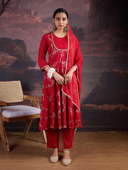 Rayon Embroidered Flared Kurta, Pant, and Chiffon Dupatta Set.