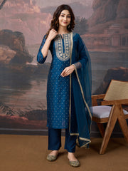 Blue Chanderi Cotton Silk Kurta with Pant & Net Dupatta