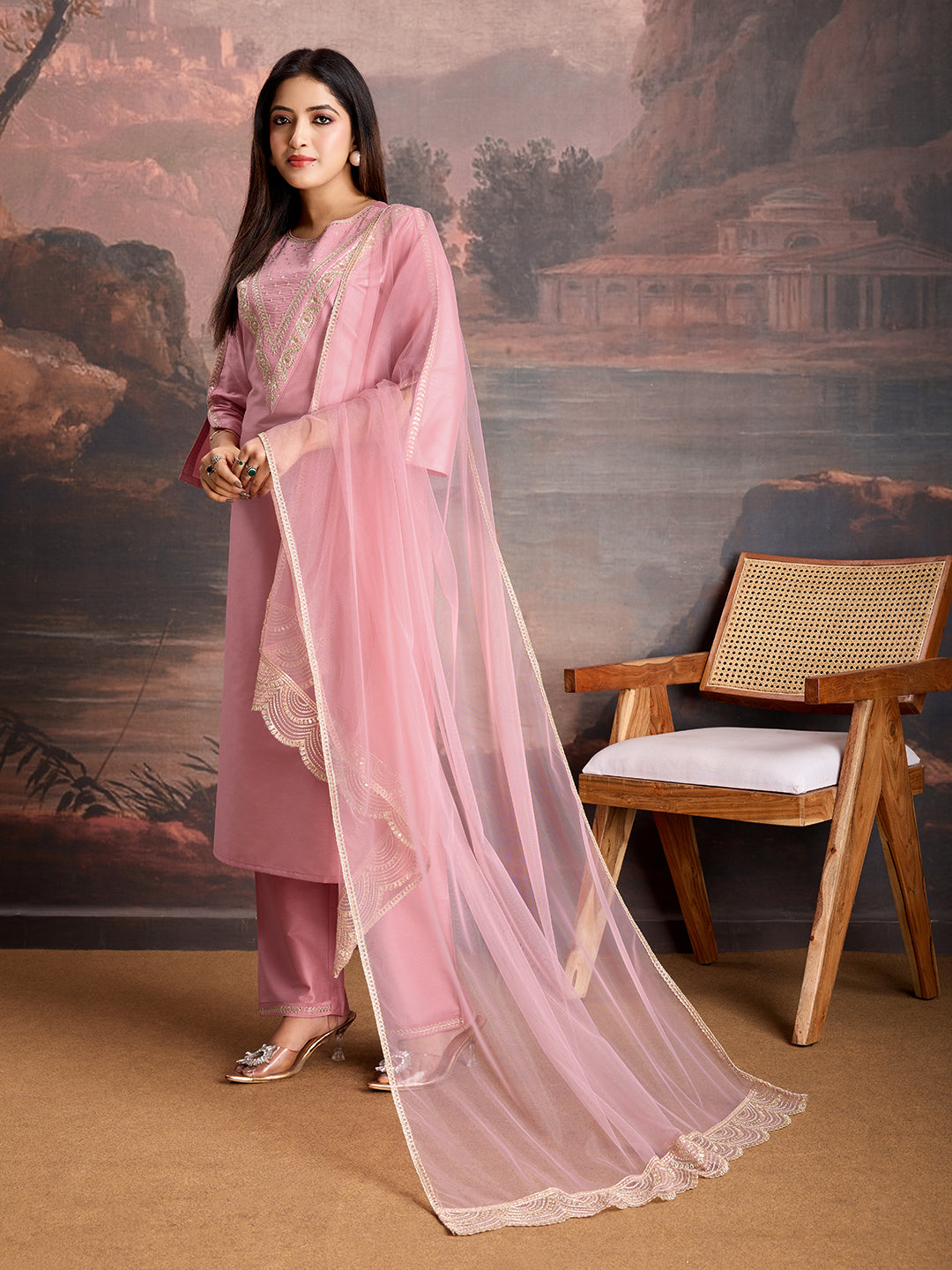 Pink Color Silk Blend Embroidered Kurta Set