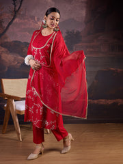 Rayon Embroidered Flared Kurta, Pant, and Chiffon Dupatta Set.