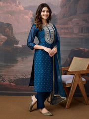 Blue Chanderi Cotton Silk Kurta with Pant & Net Dupatta