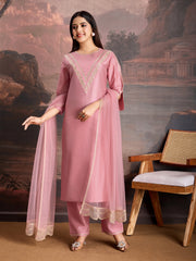 Pink Color Silk Blend Embroidered Kurta Set.