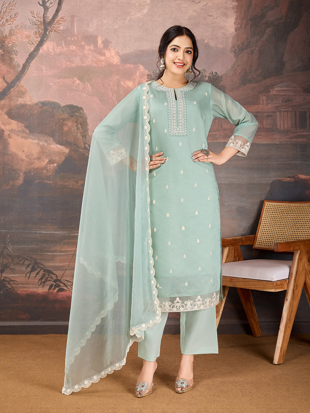 Mint Green Color Chanderi Cotton Silk Kurta Set