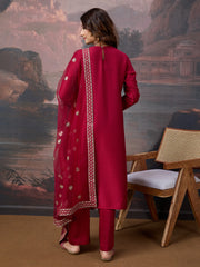 Silk Blend Round Neck Kurta, Pant and Dupatta Set.