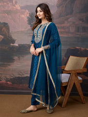 Blue Chanderi Cotton Silk Kurta with Pant & Net Dupatta