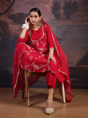 Rayon Embroidered Flared Kurta, Pant, and Chiffon Dupatta Set.