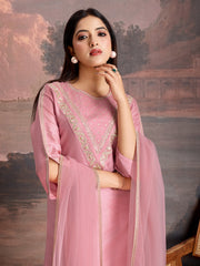 Pink Color Silk Blend Embroidered Kurta Set.