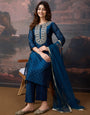 Blue Chanderi Cotton Silk Kurta with Pant & Net Dupatta