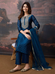 Blue Chanderi Cotton Silk Kurta with Pant & Net Dupatta