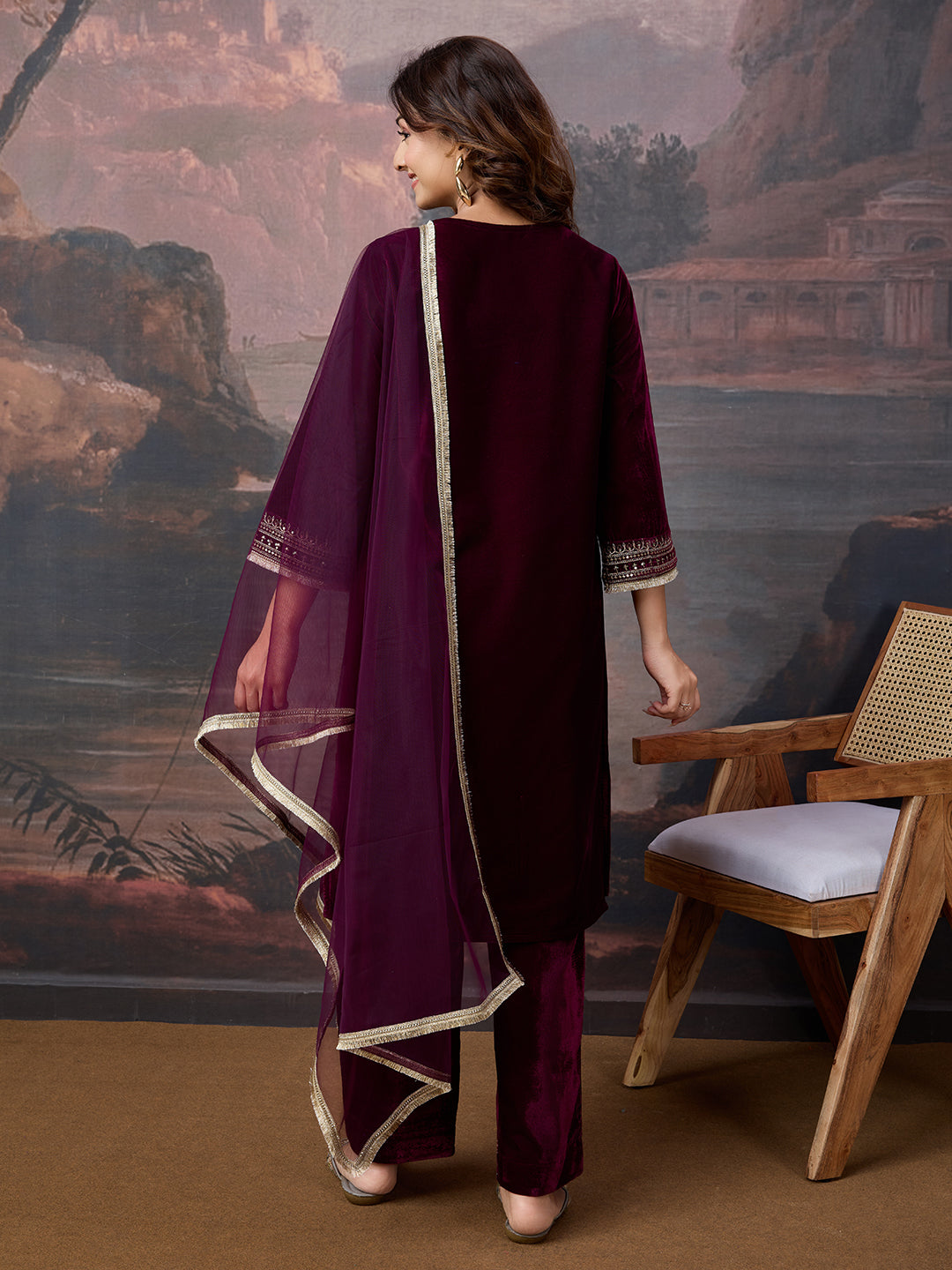 Velvet Embroidered V-Neck Kurta, Pant and Dupatta Set