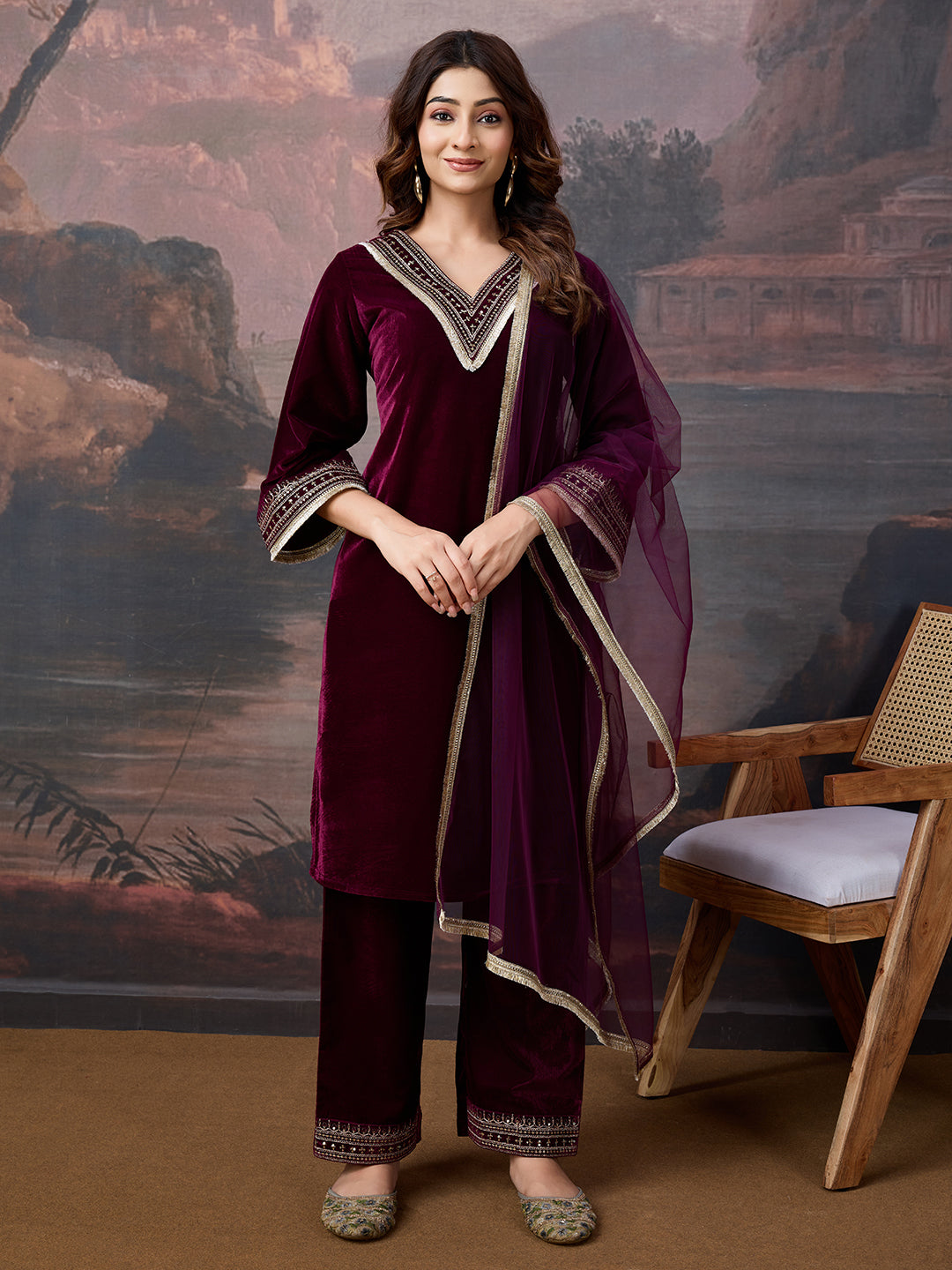 Velvet Embroidered V-Neck Kurta, Pant and Dupatta Set.