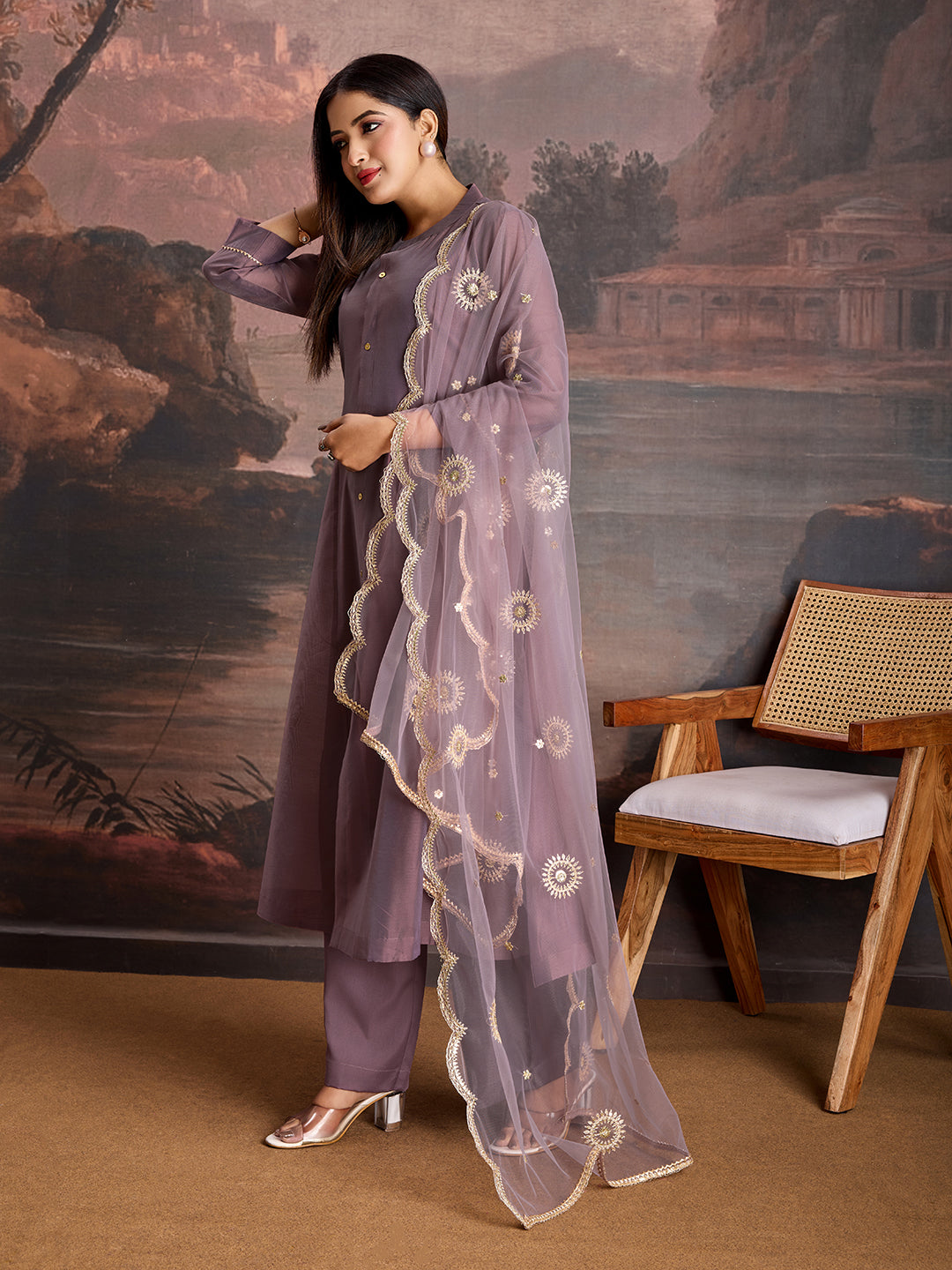 Light Mauve Chanderi Cotton Silk Flared Kurta Set