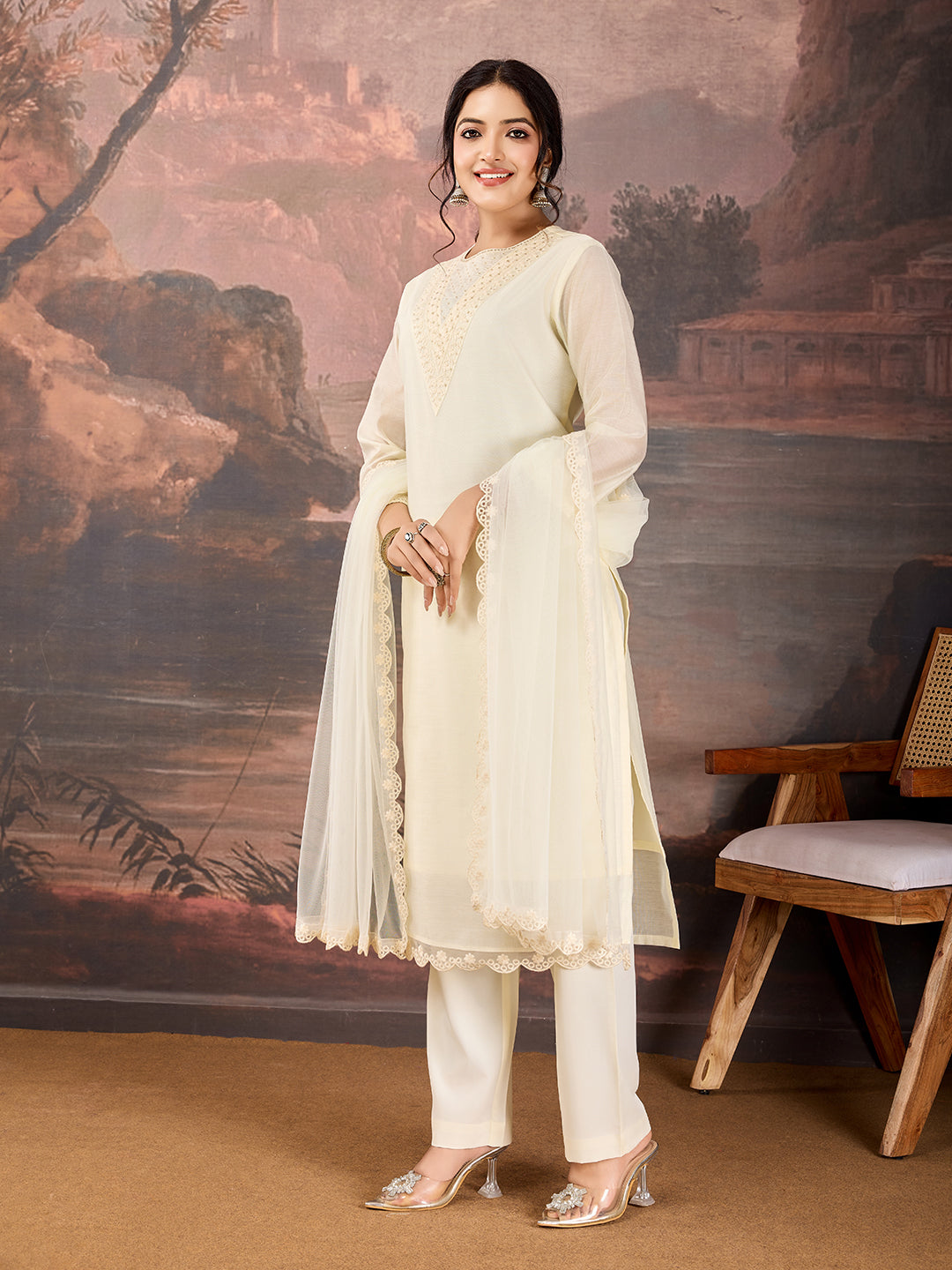 Ivory Chanderi Cotton Silk Kurta Set with neck embroidery