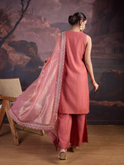 Silk Blend Sleeveless Kurta, Palazzo and Dupatta Set.