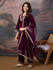 Velvet Embroidered V-Neck Kurta, Pant and Dupatta Set.