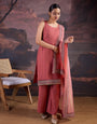 Silk Blend Sleeveless Kurta, Palazzo and Dupatta Set.