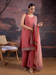 Silk Blend Sleeveless Kurta, Palazzo and Dupatta Set.